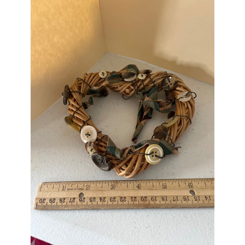 Rustic Wicker Heart Wreath Vintage Button Fabric Ribbon Farmhouse Decor 5.5 inch